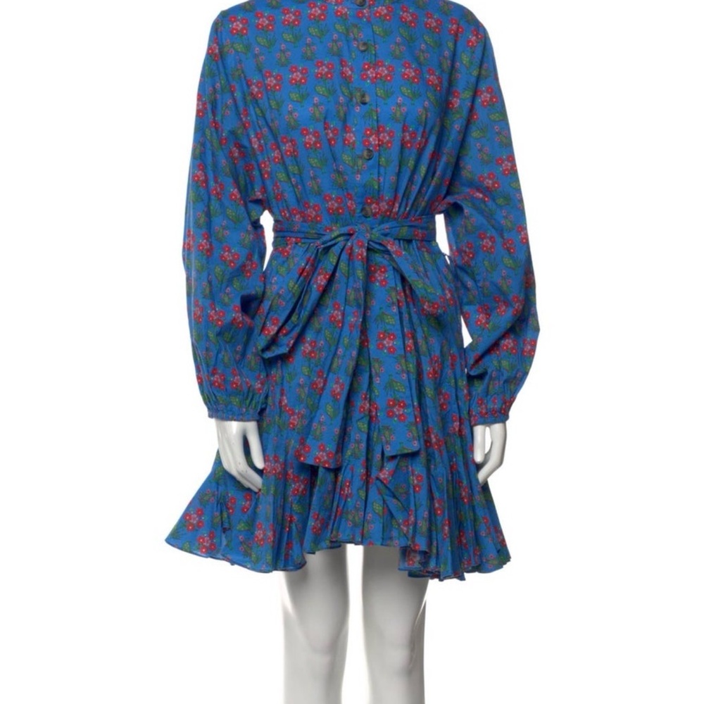 L/XL RHODE Blue Floral Mini Dress Belted A-Line Long Sleeve